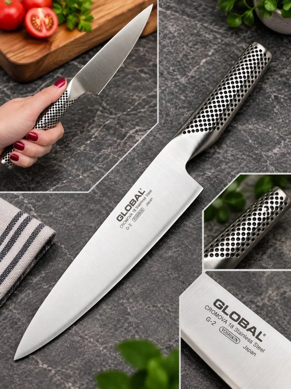 Global G-2 8-Inch Cook’s Knife, 20cm Stainless Steel Chef’s Knife Pack of 3